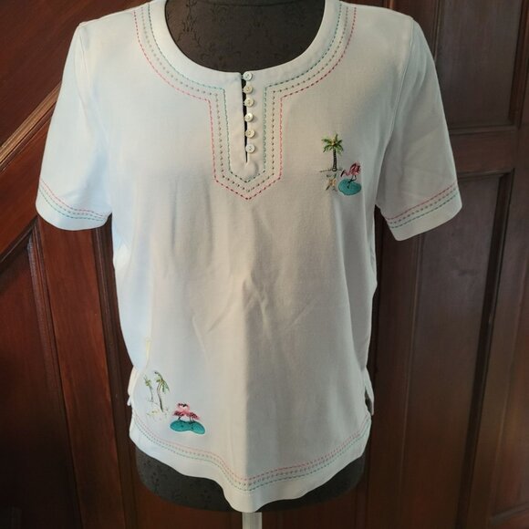 Alfred Dunner PM White Embroidered Flamingo & Palm Trees Cotton Blend Short Slee - Picture 1 of 10